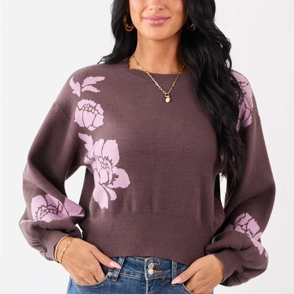 She + Sky Sweater with Lavender Floral Accents